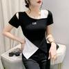 2023 European Style Slim Fit Off-Shoulder Hollow-Out Irregular Hem Color Block T-Shirt