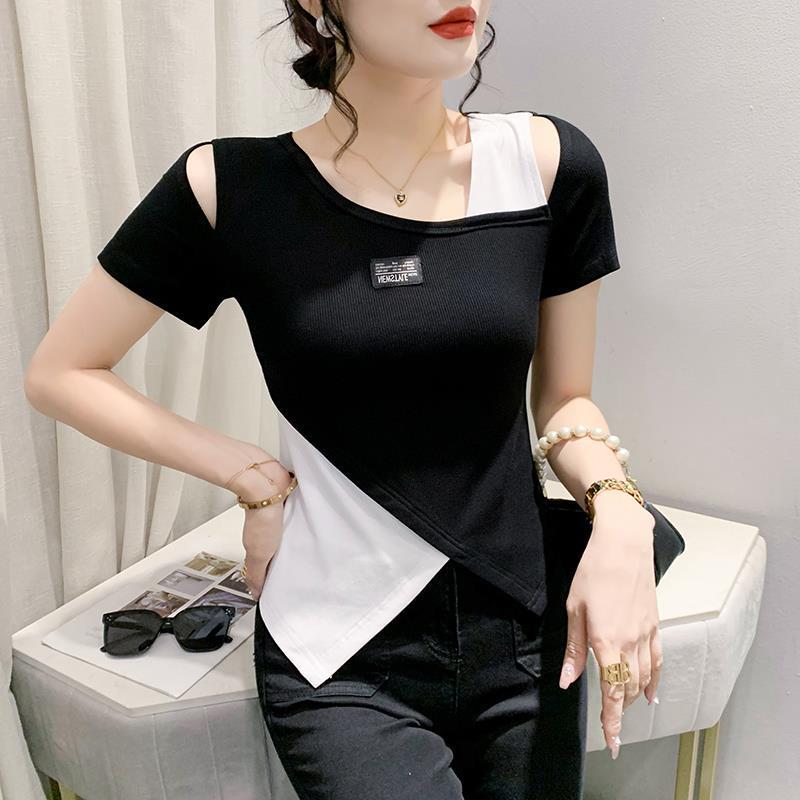2023 European Style Slim Fit Off-Shoulder Hollow-Out Irregular Hem Color Block T-Shirt