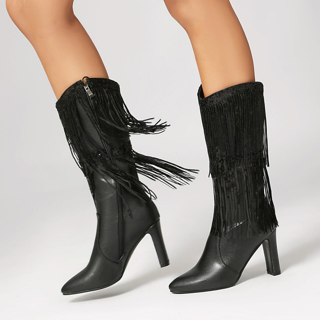 Damen High-Heel Stiefel Herbst und Winter neu Europäische und amerikanische Stiefel mit dickem Absatz und Fransen Übergröße mittelhohe Stiefel