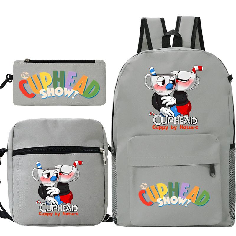Cartoon Teacup Head Cuphead Student School Bag Backpack Three-piece Set Children's Shoulder Bag Pencil Bag