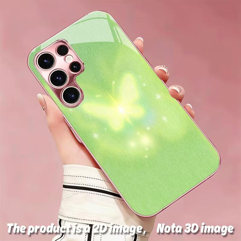 2DFlat Samsung electroplated tempered glass phone case,Glowing Butterfly in Soft GreenSuitable for Galaxy S26 S23 S24FE S25ULTRA S22 S21