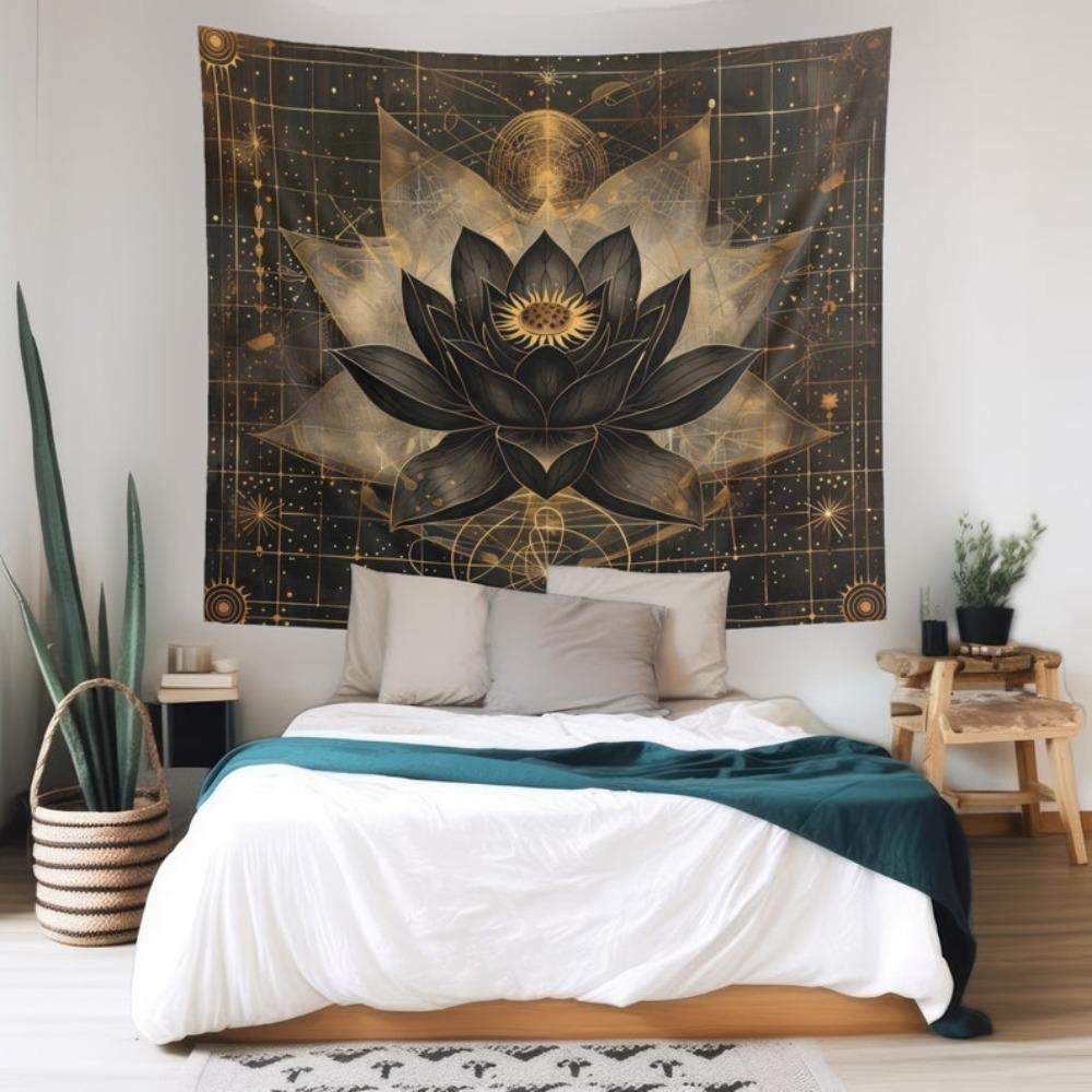 1 Black Lotus Sacred Geometry Tapestry Single Sided Polyester Wall Tapestry Bedroom Living Room Spiritual Decor Mysterious Gift