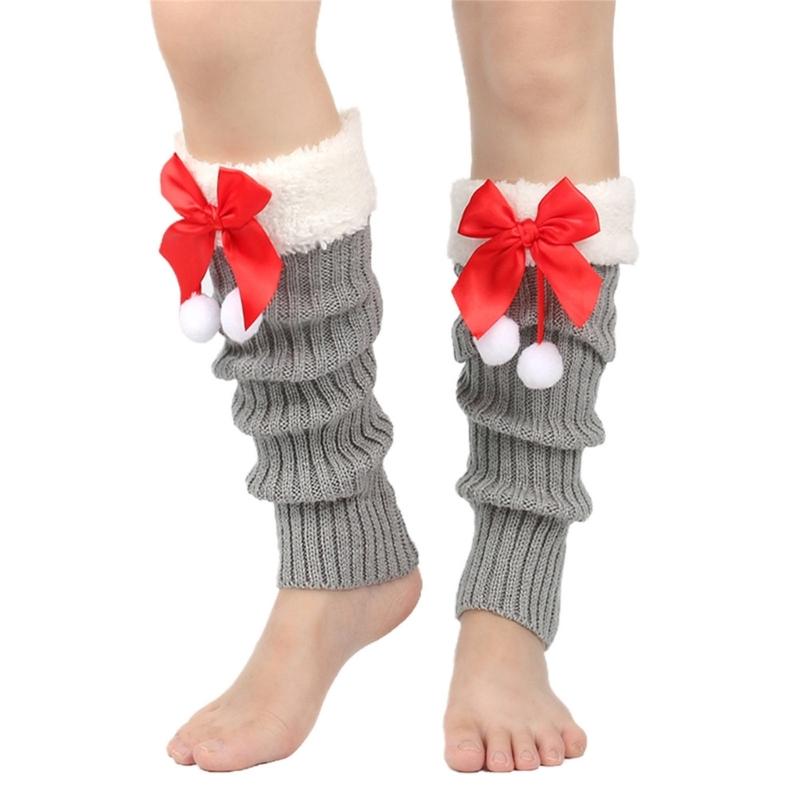 Christmas Fleece Trim Warm Leg Warmers Sweet Plush Balls Bows Knitted Boot Covers Festival Footless Socks for Women
