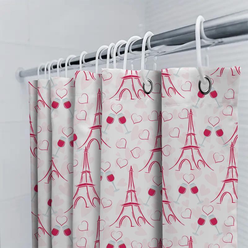 Chic Red Eiffel Tower Chocolates Shower Curtain For Bathroom Decor Pink Hearts Pattern Shower Drapes Set With Hooks Included (Wh