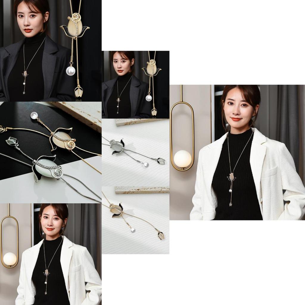 Fashionable Korean Long Sweater Chain Necklace Featuring Eye-catching Cat Eye Stone Flower Design