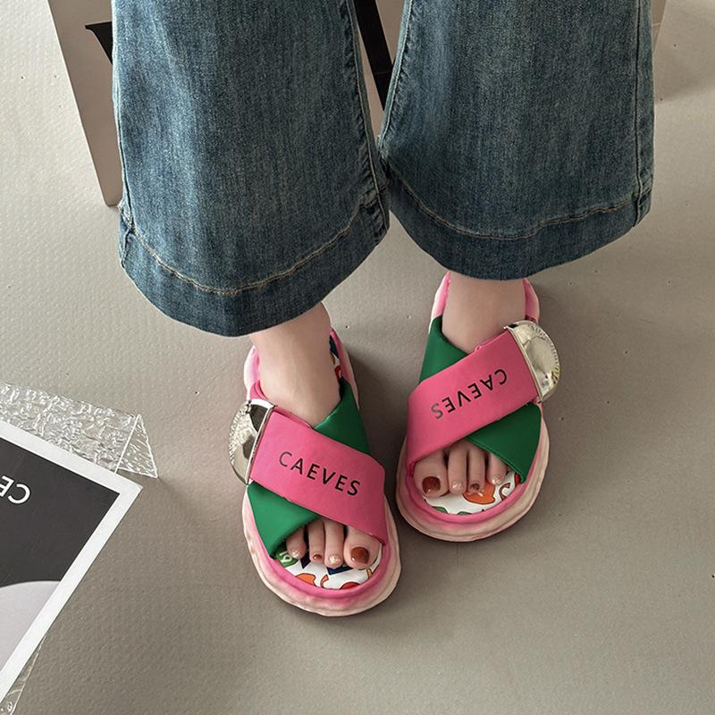Cartoon casual thick bottom heightening cool slippers women's summer fashion versatile cross with graffiti beach flat bottom cool slippers