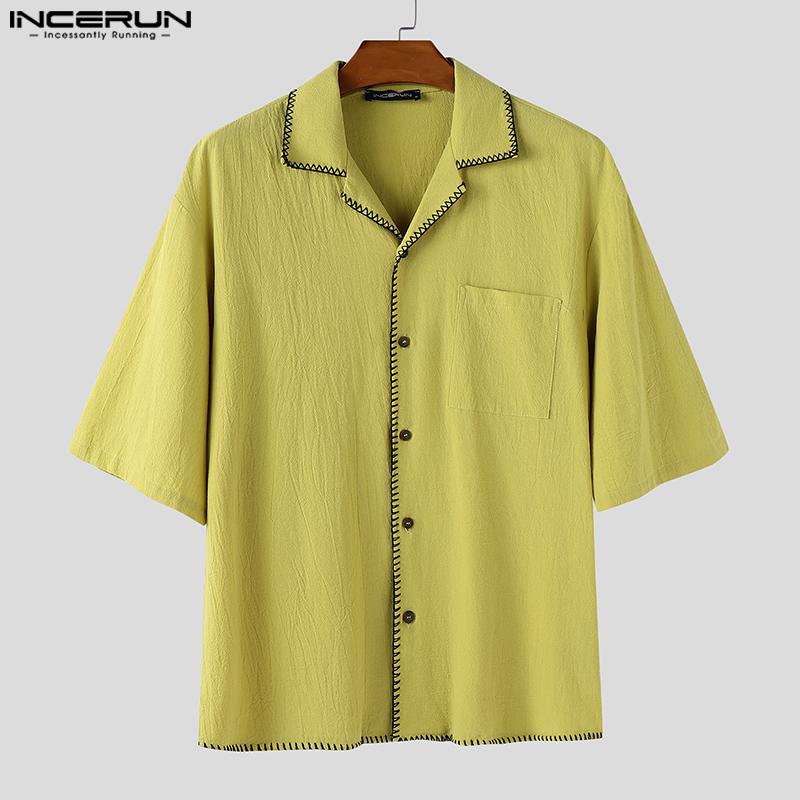 INCERUN Cămăși de vară pentru bărbați cu mânecă scurtă, cusături casual, vintage, din bumbac