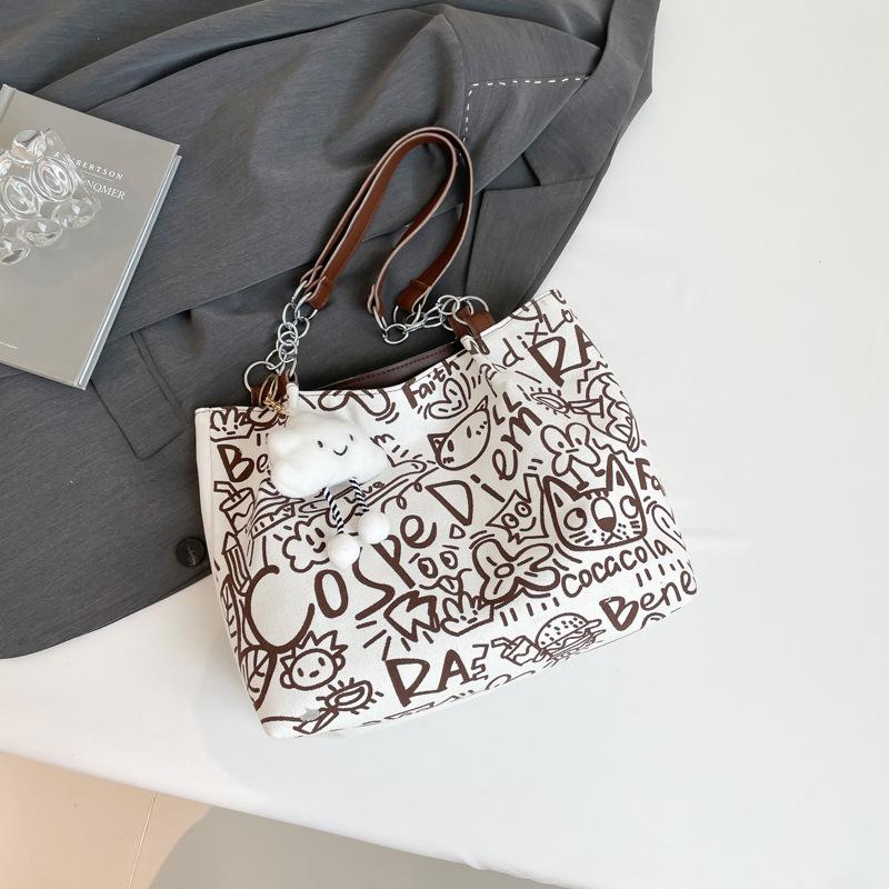 

Модная уличная сумка-тоут с граффити, мультяшными абстрактными линиями, повседневная, универсальная, портативная, на плечо, подмышку no pendant коричневый