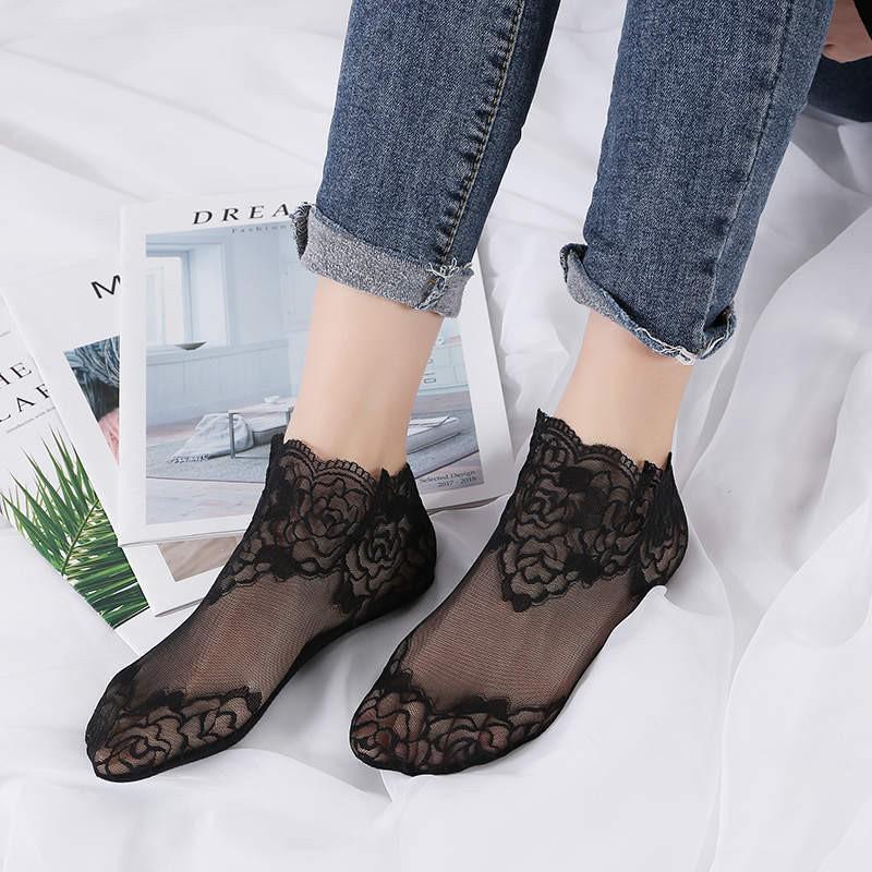 Calcetines de Malla hasta la Mitad de la Pantorrilla con Adorno de Encaje y Cristales - Modernos, Sexy, Estilo Coreano para Mujer (Primavera verano Otoño)