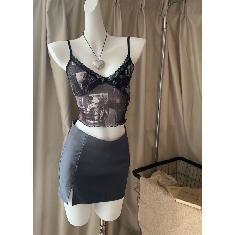 

Экспорт Ш * Американское винтажное кружево Темная живописная сетчатая майка-топ + Комплект платья средней длины C452 Camisole L