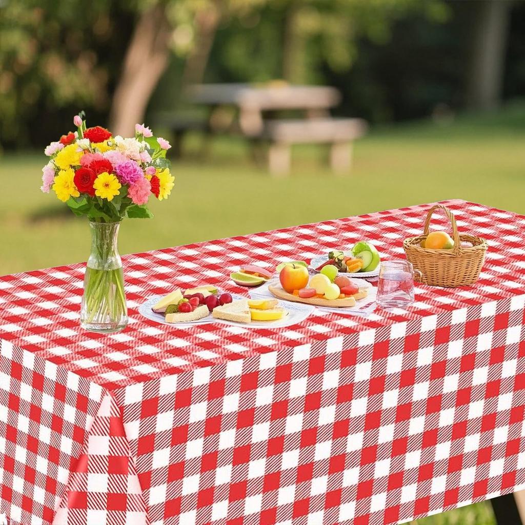 3 Pack Red and White Checkered Tablecloth, 54 X 108Inch Plastic Red Gingham Table Cloth Disposable Spring Picnic Tablecloth Waterproof Red Checkered
