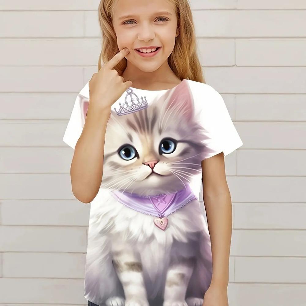 Children's clothing cute 3D cat pattern printed short sleeved top Children's clothing T-shirt casual pullover Children's boys and girls summer
