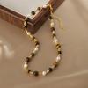 Women Tiger Eye Simulated Pearl Beaded Necklace 14K Real Gold Plated Copper Chain Strand