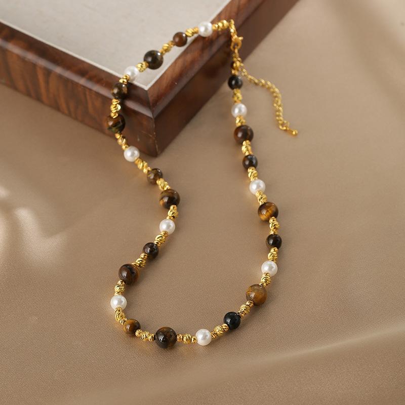 Women Tiger Eye Simulated Pearl Beaded Necklace 14K Real Gold Plated Copper Chain Strand