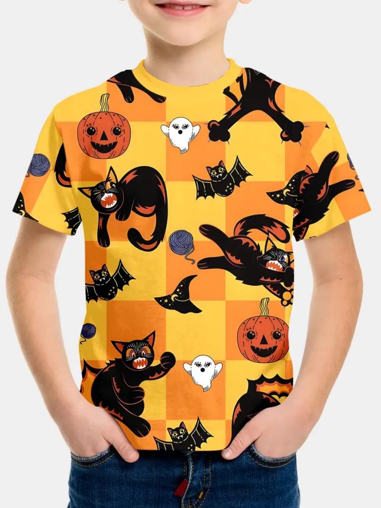 Halloween Printed T-Shirts Casual Round Neck Short-Sleeved Tops Summerand Children's Boys and Girls Fashion 3D Print Clothing