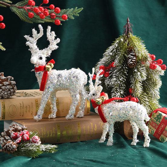 Christmas Reindeer Figurine Plastic White Elk Sculpture with Scarf Small Deer Statue Table Ornaments for Xmas Tabletop Mantel Shelf Decor