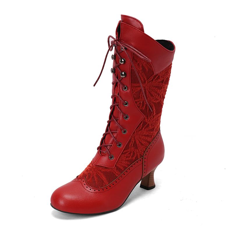 Women's Costume Cosplay Shoes Retro Mid Calf Boots Burnout Kitten Heels Front Bandage Patchwork Boots