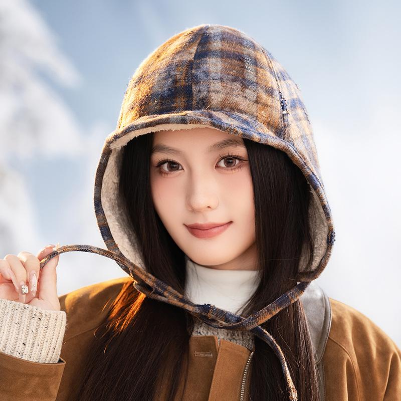 Retro Color blocking Plus Velvet Leeve Hat Japanese Windproof and Warm Hat Women's Outdoor Riding Casual Ear Protection Hat