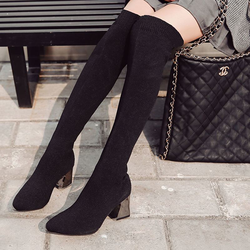 European and American autumn and winter knitted elastic thin legs over the knee boots women's pointed high-heeled wool boots thick-heeled knight boots