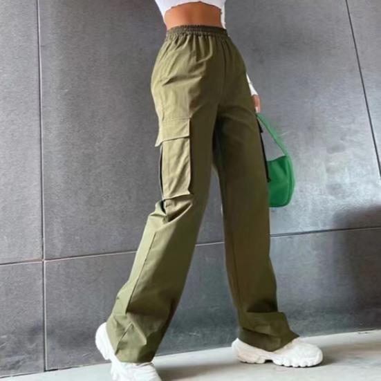Women Cargo Pants Spring Elastic Waist Solid Color Pockets Wide Leg Trouser Female Casual Korean Streetwear Joggers Sweatpants