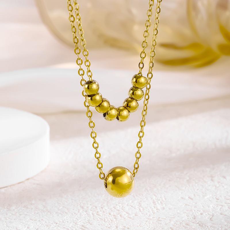 18k Gold Stainless Steel Double Layer Bead Necklace - Trendy French Design Women's Jewelry