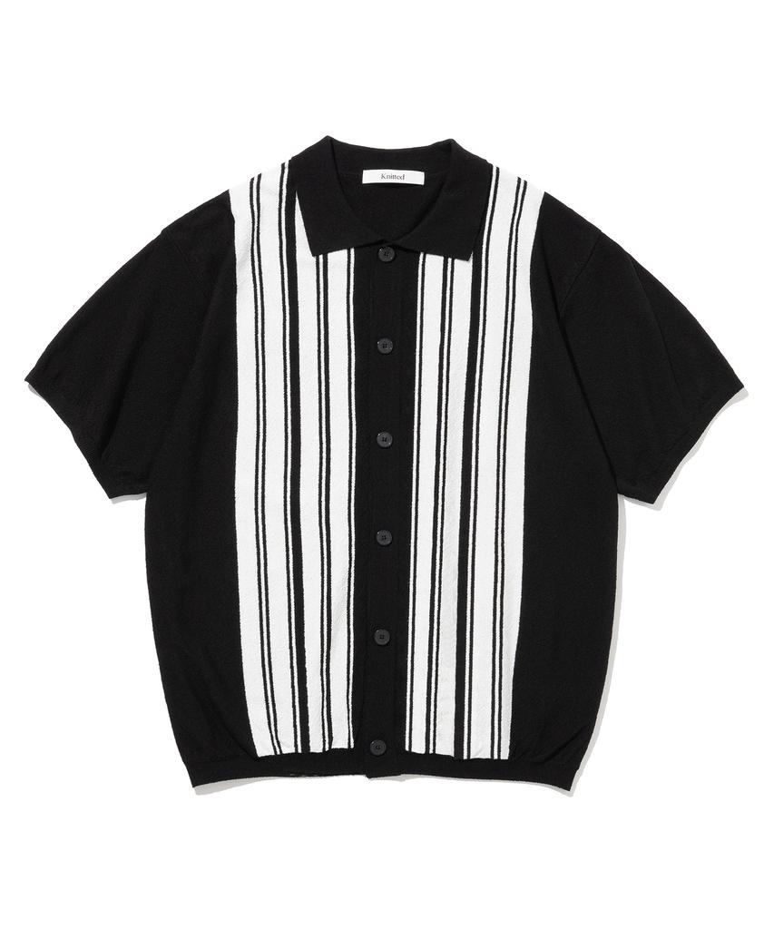 Knitted Summer Striped Short Sleeve Knit Shirt Black