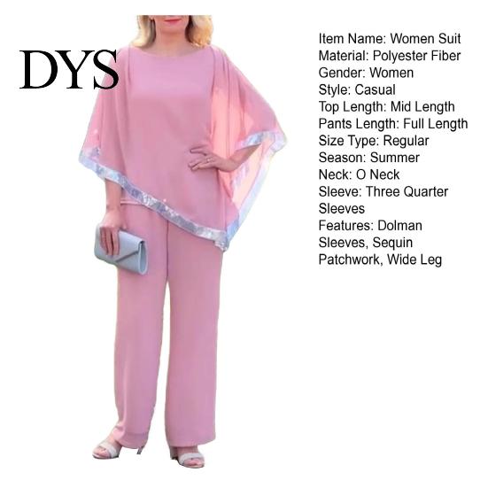 Summer Daily Loose Outfit 2 Pcs/Set Women Top Pants Set Dolman Sleeves Irregular Sequin Hem O Neck Blouse Solid Color Wide Leg Trousers Suit