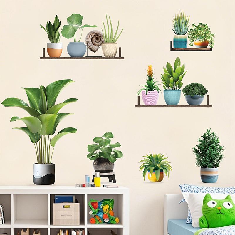 Potted Green Plant Wall Sticker Turtle Back Bamboo Leaf Decor for Restaurant Living Room Balcony Glass Door Bathroom Vinyl Adhesive Decal