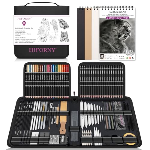 HIFORNY 126-Piece Drawing Kit, Sketch Pencil Set, Art Supplies with 3-Color Sketchbook, Graphite, Charcoal, Blending and Drawing Tools, Drawing Pencil