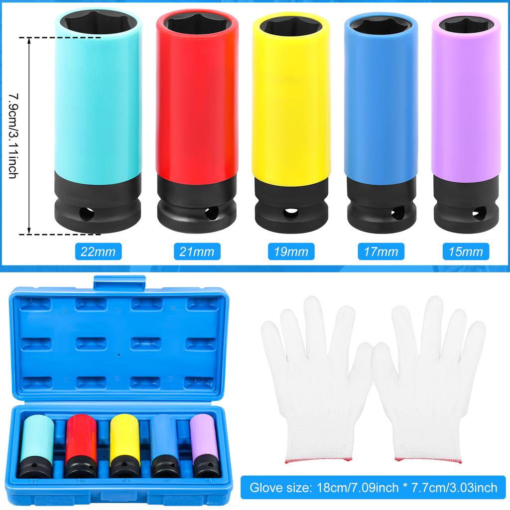 1/2" Drive Lug Nut Socket Set Steel Thin Wall Deep Wheel Protector Impact Socket Set for Car Repair Maintenance 15/17/19/21/22mm