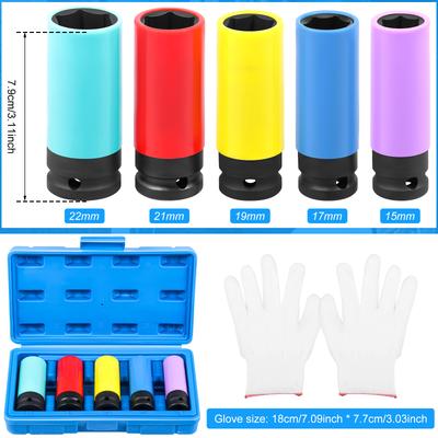 1/2" Drive Lug Nut Socket Set Steel Thin Wall Deep Wheel Protector Impact Socket Set for Car Repair Maintenance 15/17/19/21/22mm