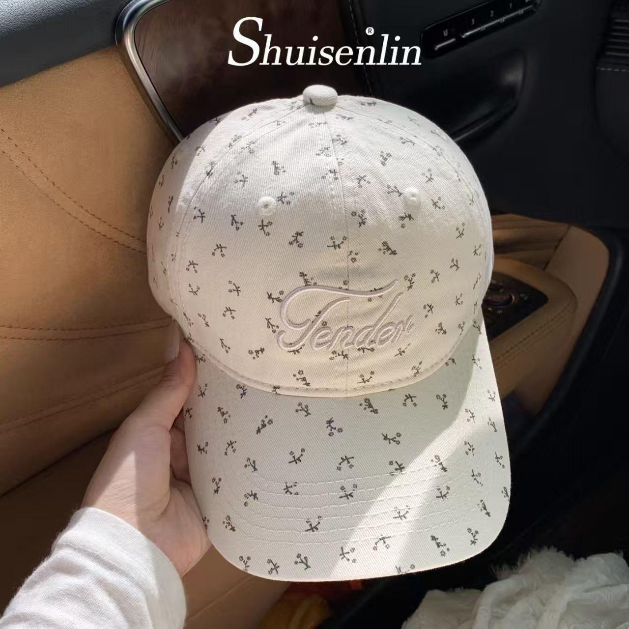 Floral Print Baseball Cap with Tender Embroidery, Vintage Washed Cotton Dad Hat for Women Adjustable бежевый