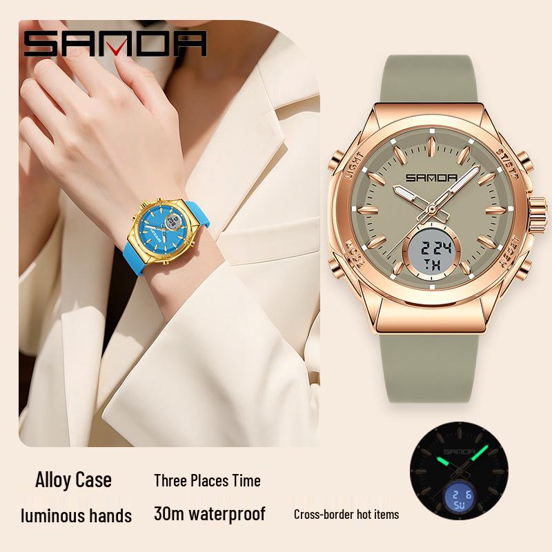 Orologio da donna Sanda Doppio Display: Multifunzionale, Luminoso, Impermeabile, alla Moda, Nuovo Modello con Sveglia e Timer per Studenti.