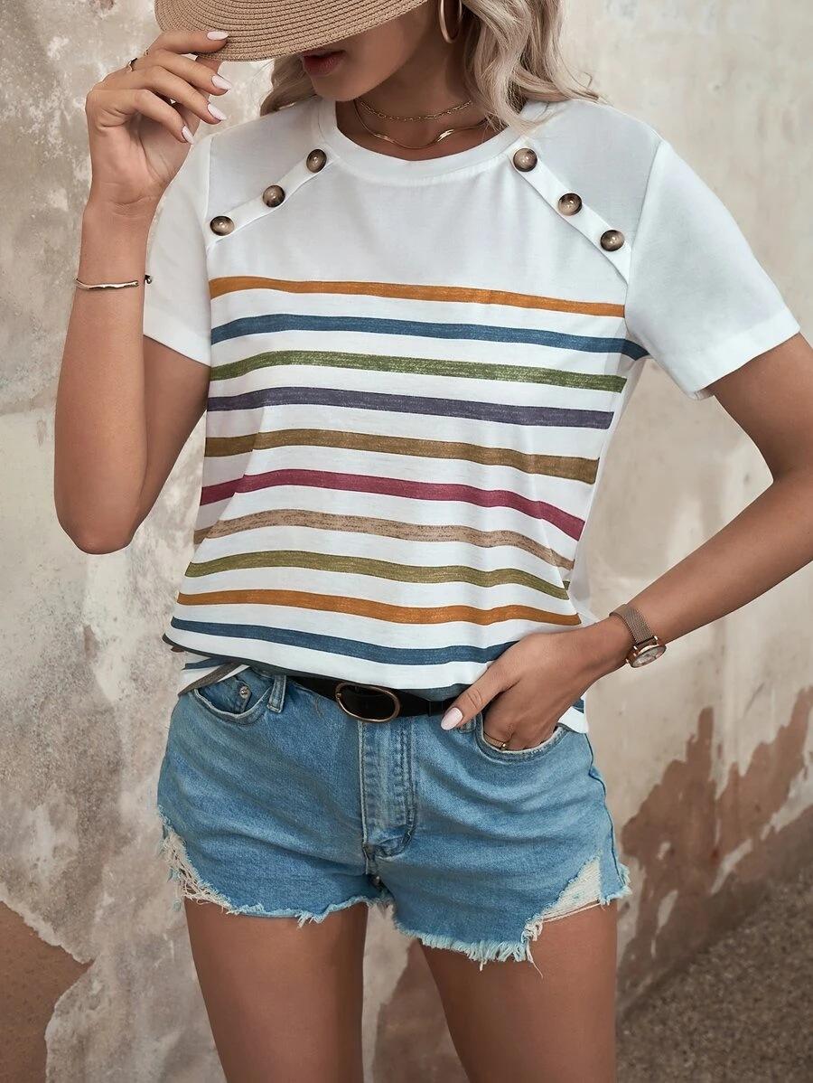 Women Casual Striped Printed Spliced Button Short Sleeve T Shirt S белый