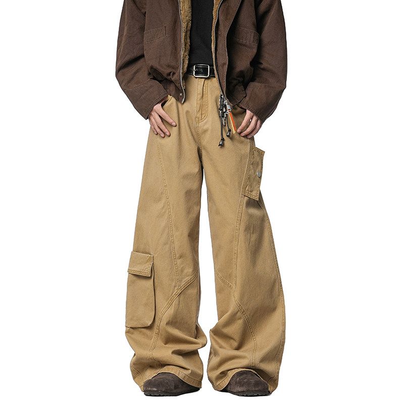 51 Hip-Hop American Retro Coffee-Colored Scimitar Jeans for Men, Spring and Autumn Washed Cotton Loose Straight Wide-Leg Work Pants