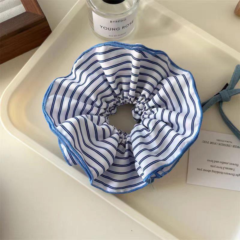 1pc Korean Girl with Blue Striped Double Layered Colon Hair Loop, Hair Tie, Rubber Band, Headband, Hair Accessory