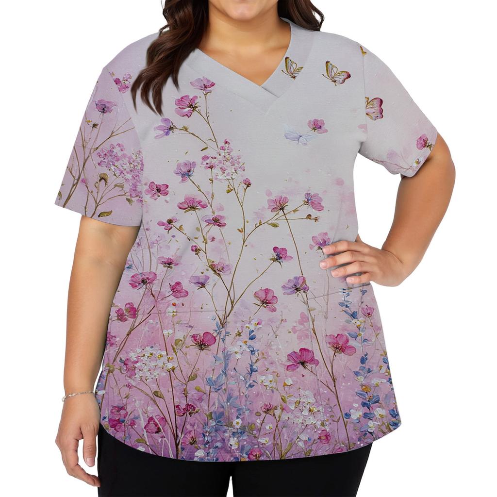 Modisches Damen-Arbeitsoberteil mit V-Ausschnitt und kurzen Ärmeln, mit doppelseitigen Schlitzen und Taschen, mit einem Retro-Blumendruck.