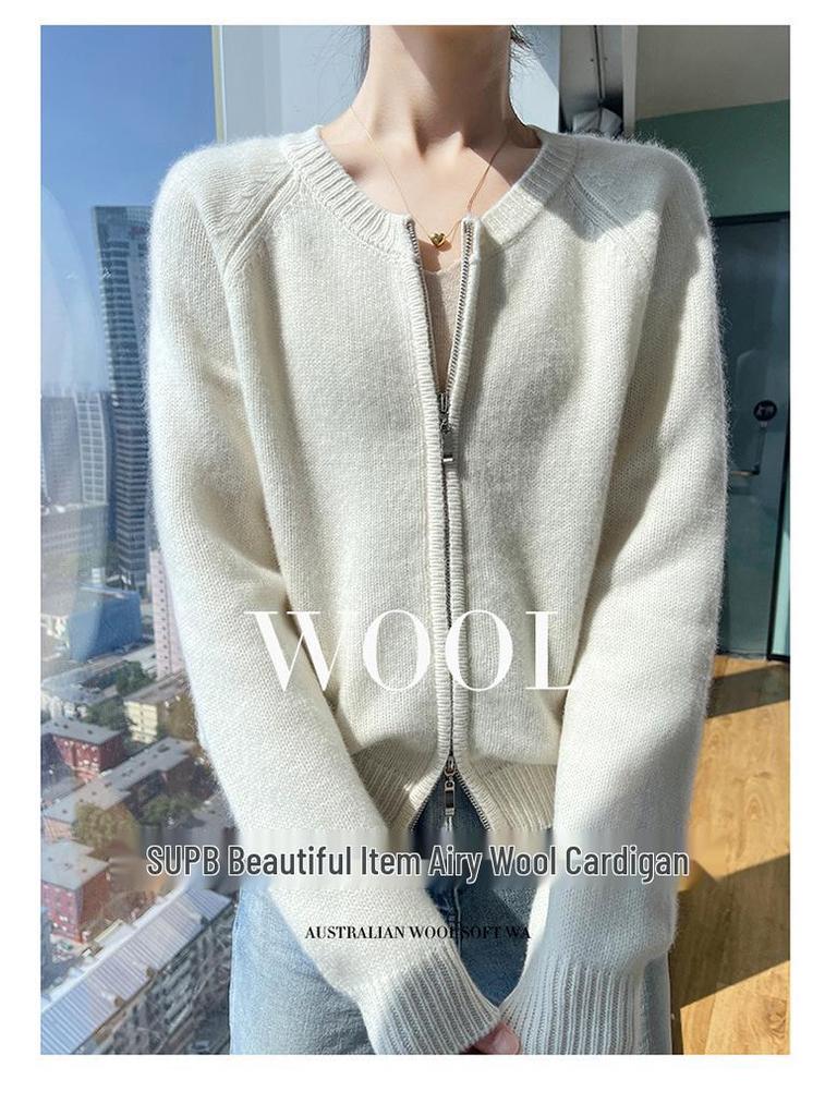 Korean Style Retro Round Neck Knit Cardigan for Women - Petite Autumn High Waist Zip Sweater