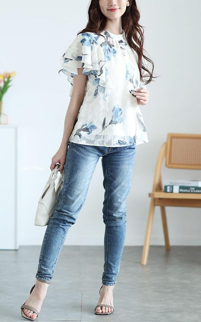 Gold Japan Plus Size Short Sleeve Floral Lace Blouse with Tucked Gathers and Size Women's Top, Ruffles, Sheer, Spring/Summer/Autumn, 3L, Blue,