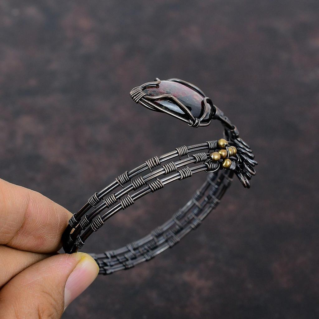 Eudialyte Gemstone Bangle Copper Wire Wrapped Cuff Adjustable Cuff Bracelet Handmade Bracelet Wire Wrap Jewelry Gift For Mom Copper Jewelry