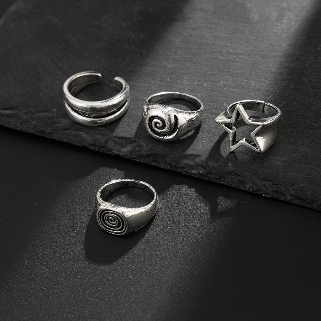Salircon 4 Pcs/Set Punk Retro Five-Pointed Star Spiral Wide Rings Men Creative Hiphop Thick Finger Rings Sets Steampunk Jewelry
