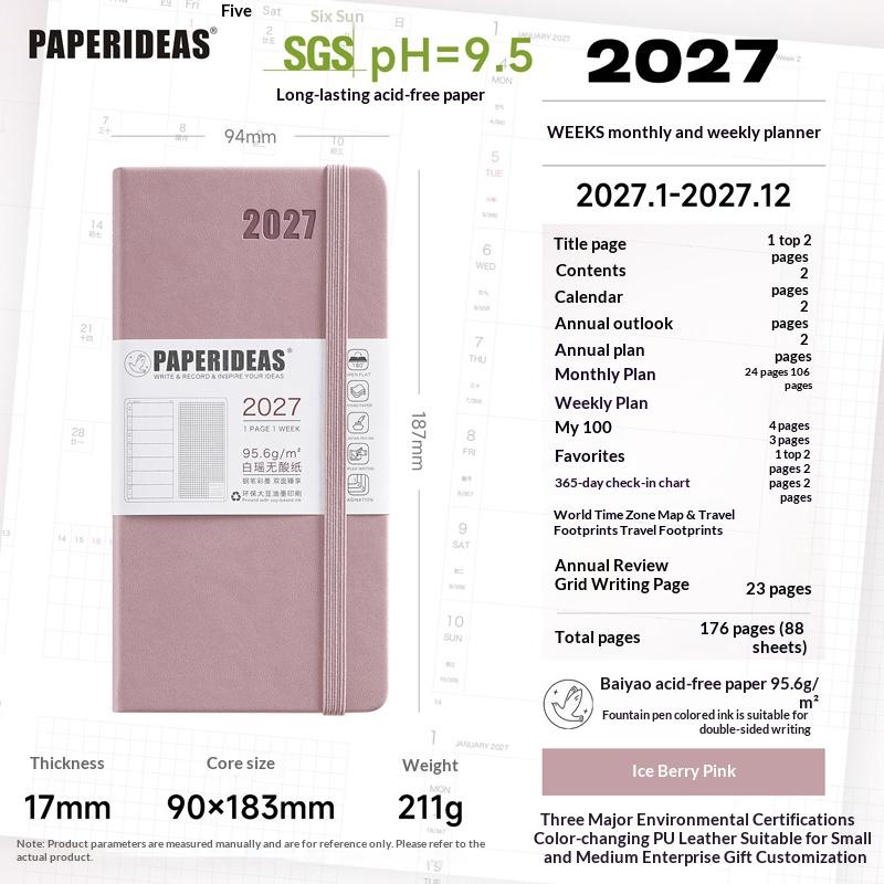 Paperideas Slim 2027 Weekly Planner Notebook PU Hardcover Weeks Journal Acid‑Free Paper Time Organizer Schedule Hand Book