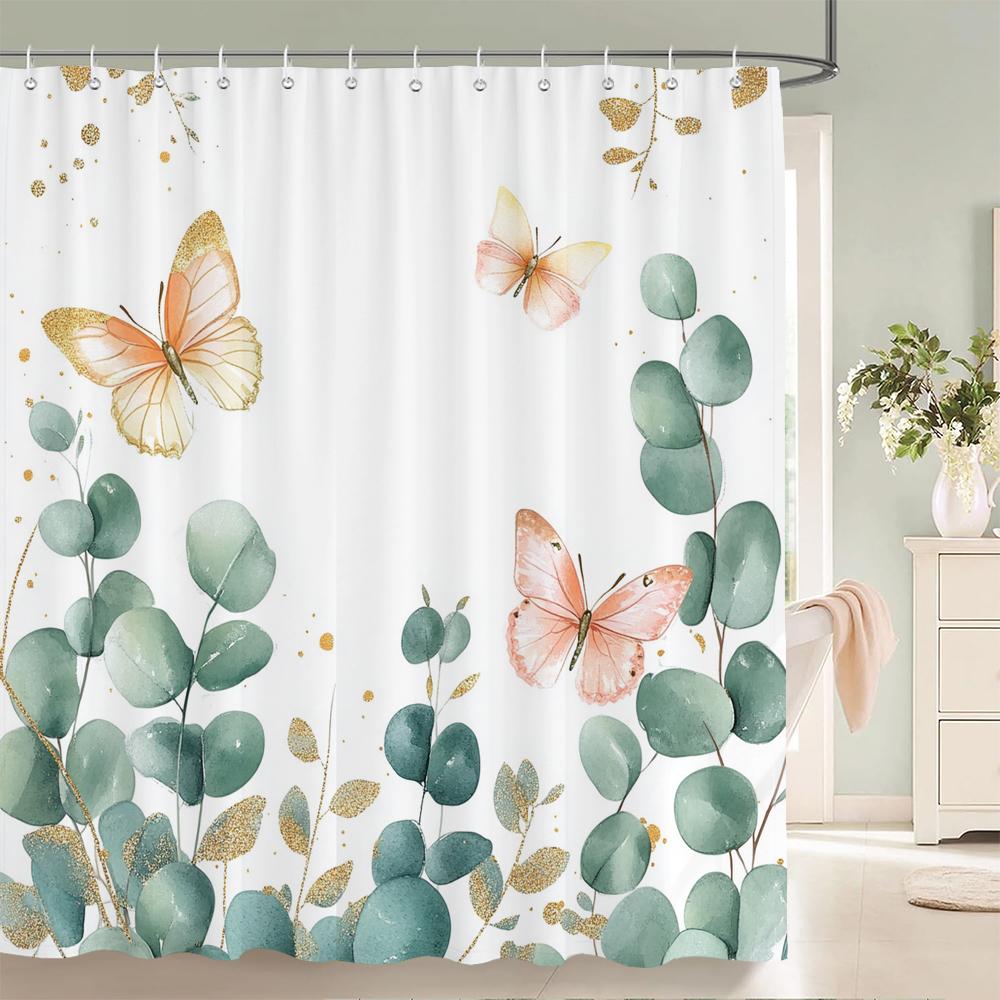 Watercolor Flowers, Leaves And Butterflies Shower Curtain Floral Printed Bathroom Bath Curtain Home Decor Curtain With Hooks