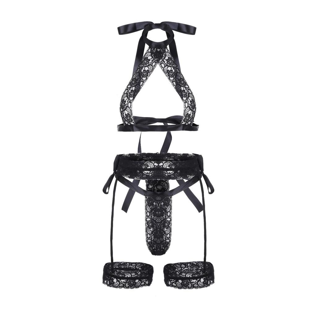 See Through Black Porn Bandage Hot Sensual Body Sexy Lingerie Bodysuit Women Halter Hollow Out Open Bra Thong Exotic Clothing