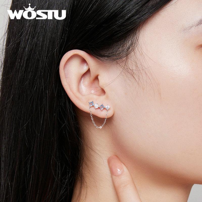 WOSTU 925 Sterling Silver Delicate  Blue and White Square Cubic Zirconia Chain Earrings for Women Jewelry Birthday Gift