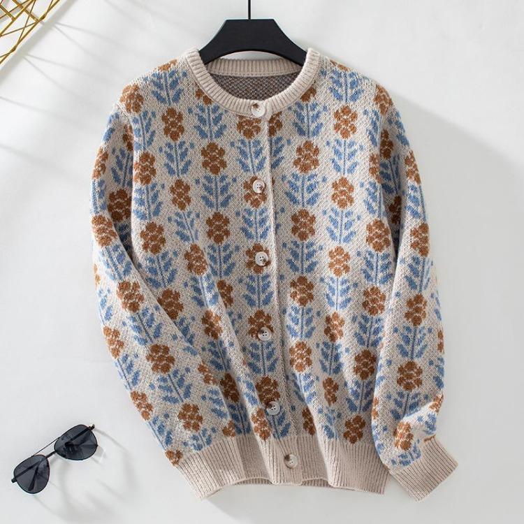 

Винтажный кардиган из рыхлого трикотажа с круглым вырезом, с длинным рукавом, с принтом, свитер-топ для осени-зимы XL