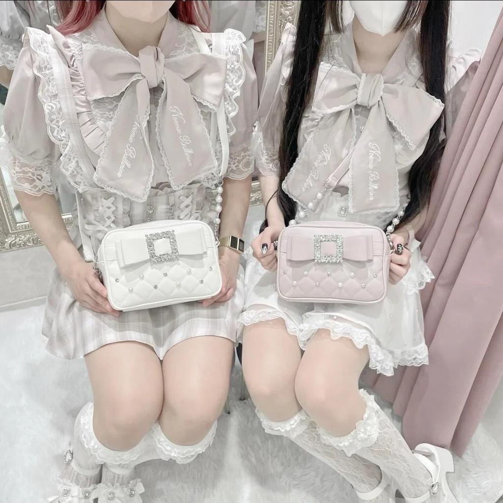 Diamond Bow Pink Square Bag For Women Mine Series Beading Pearl Y2k Messenger Bag Hot Girls Sweet Kawaii Shoulder Crossbody Bag
