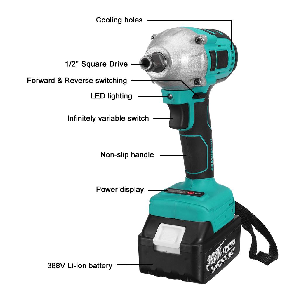 388VF Brushless Cordless Electric Screwdriver Impact Wrench 22800mAh Li-ion Batery 800N.m Torque Wrench Power Tools Blue