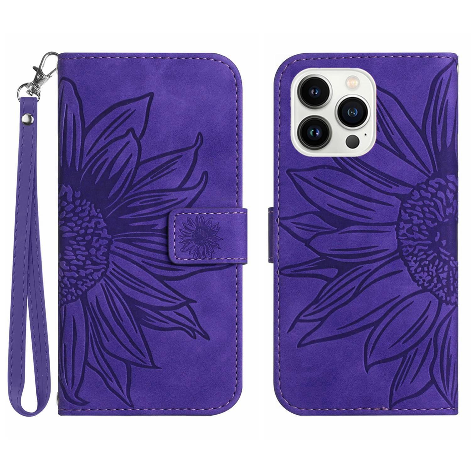 

HT04 For iPhone 16 Pro Max Case Sunflower Leather Handbag Flip Phone Cover Dark Purple
