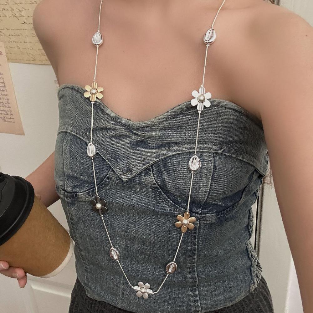 Sweet Trendy Geometry Metal Flowers Color Clashing Splicing Long Necklace for Women Multiple Ways To Wear Beach Vacation Jewelry